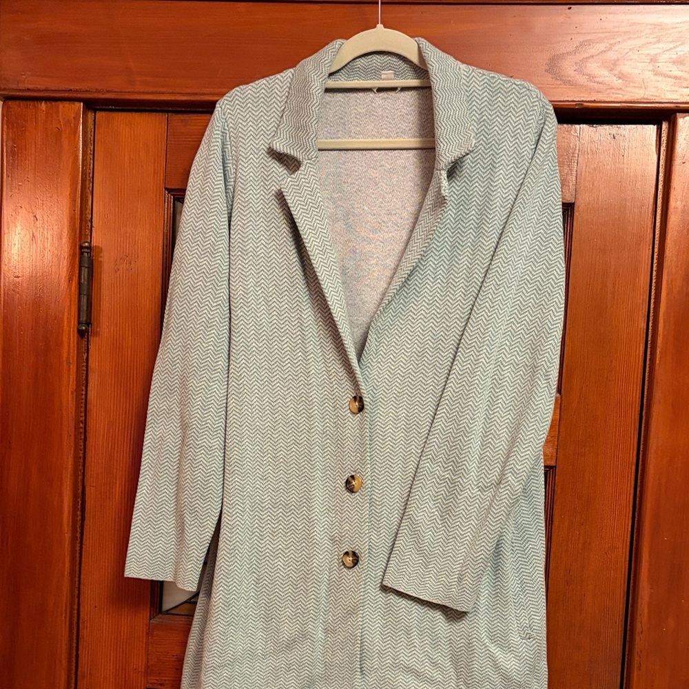 J. Jill XL Tall Stylish Light Green Herringbone Long Coat with Pockets